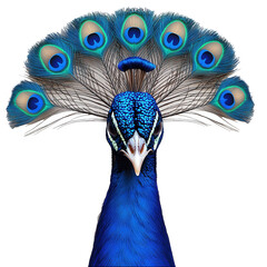 Wall Mural - Bright blue peacock displaying feathers on transparent background