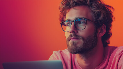 Poster - portrait of young business man in casual wear, laptop and notes, desk work, remote and freelance set