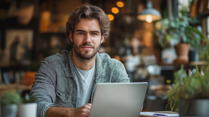 Poster - Portrait of young business man in casual wear, laptop and notes, desk work, remote and freelance setting