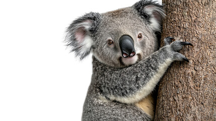 Wall Mural - Cuddly koala hugging a tree on transparent background
