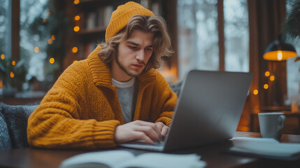 Poster - Young man in casual clothes using laptop and writing notes at desk, home office, freelance work