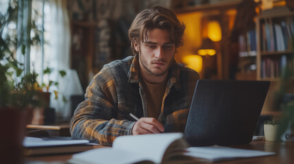 Poster - Young man in casual clothes using laptop and writing notes at desk, home office, freelance work