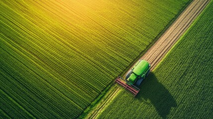 Combine harvester machine with rice farm, Aerial view and top view. Beautiful nature background