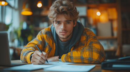 Poster - Portrait of young business man in casual attire, writing and calculating at desk, freelance work setting