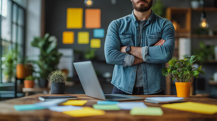 Poster - Business man in casual clothes, laptop and notes on desk, remote work and freelance concept
