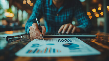 Poster - Business man in casual clothes, laptop and notes on desk, remote work and freelance concept