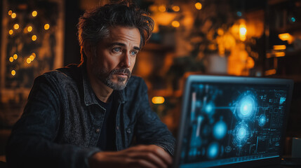Poster - Man using AI software on a laptop to generate images, showcasing a futuristic user interface with visual prompts, image created by artificial intelligence