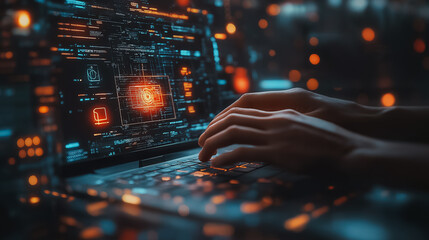  - a person using a laptop with a glowing screen displaying complex digital information.