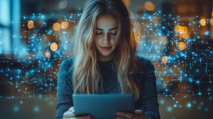 Poster - a woman holding a tablet. There's a blue, network-like graphic behind her.