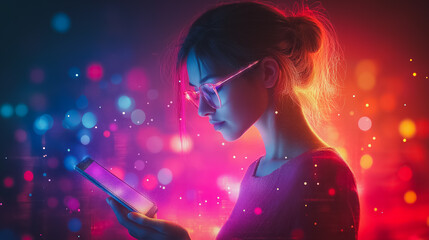 Poster - a woman with glasses holding a smartphone in a dimly lit setting.