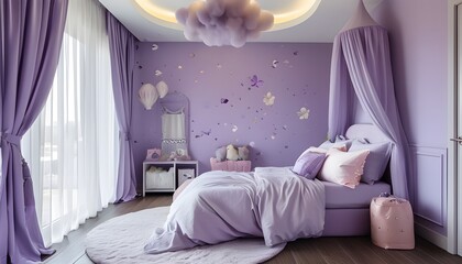 The purple-themed bedroom is equipped with modern furniture and elegant decoration.