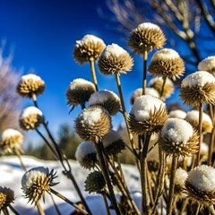 Canvas Print - Dry flowers in the snow. 