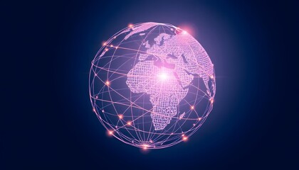 Poster - a glowing transparent globe with a network of lines connecting different parts of the world, against