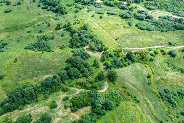 Wall Mural - dirt roads and paths on green meadow. summer countryside landscape. aerial drone photo.