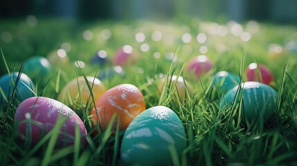 Canvas Print - Colorful Easter eggs hidden in tall grass, ready for a springtime hunt,