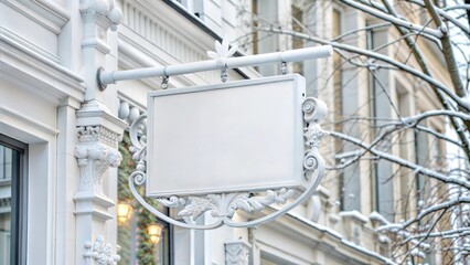 Blank white street winter billboard template.Vintage urban winter mockup on the wall of a vintage building.Mockup under advertising design,signage for your business