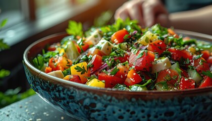 Canvas Print - Close up of vegetable salad serving in restaurant