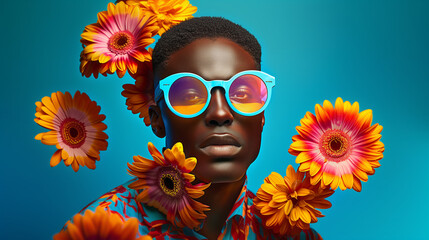 Wall Mural - portrait of handsome young man wearing sunglasses in trendy pop art style bright yellow pink and blu