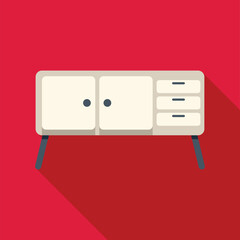 Poster - white wooden cupboard with drawers and shelves is standing on a red background