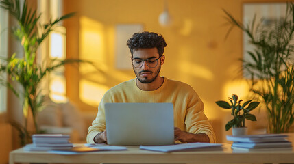 Wall Mural - A focused Indian man, sitting at a desk in a contemporary workspace, carefully reading through a contract on his laptop, with data charts and documents around him.