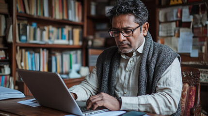 Wall Mural - A focused Indian man, sitting at a desk in a contemporary workspace, carefully reading through a contract on his laptop, with data charts and documents around him.