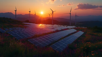  modern battery energy storage system with wind turbines and solar panel power plants in the background at sunset design 