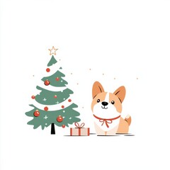 Wall Mural - Cute Corgi Puppy with Christmas Tree and Gift Box - Festive Holiday Illustration