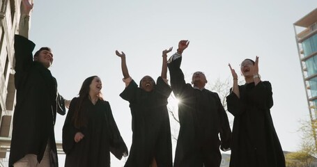 Wall Mural - Jump, graduation and achievement with students, celebration and excited to throw cap, gown and flare. People, friends and group with happiness, university and education with success, joy and outdoor