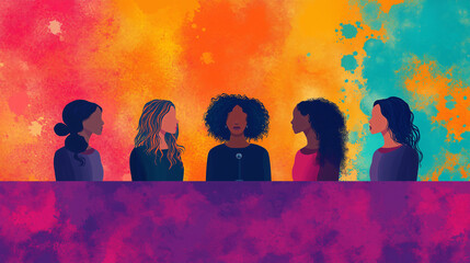 Illustration of a group of diverse women on a podium in a press conference room. The tone of the image is bright and colorful.