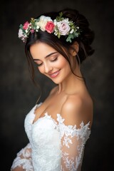 Elegant Bride in Lace Wedding Dress with Floral Headpiece Smiling Against Dark Background