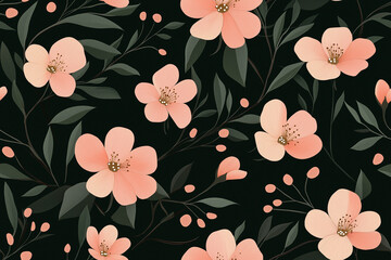 Sticker - Pink and cream flowers with delicate leaves on a dark background create a simple yet elegant seamless pattern, perfect for adding a touch of nature-inspired charm.