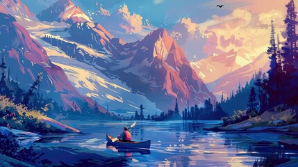 Wall Mural - A lone kayaker paddles across a still lake surrounded by majestic mountains. The water is calm and reflects the blue sky and the yellow-tinged clouds.