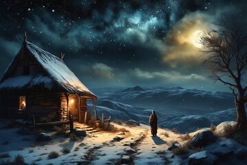 Moonlit Night over Snowy Mountains with a Cabin and Figure