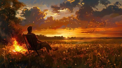 Wall Mural - A lone figure sits in a chair, gazing at a bonfire in the distance. The sky is filled with bright orbs of light.