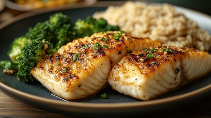 A close-up of a balanced kidney disease diet meal with grilled fish, steamed broccoli, and brown rice