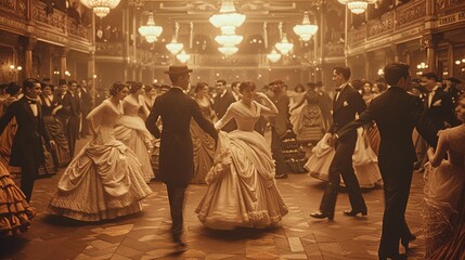 A couple dances at a grand ball, surrounded by other guests in period attire. The scene is lit by chandeliers and the warm glow of the ballroom.  The image has a vintage, almost sepia tone.