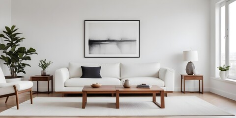 A minimalist living room with a white sofa, a wooden coffee table, and a white wall with framed artwork.