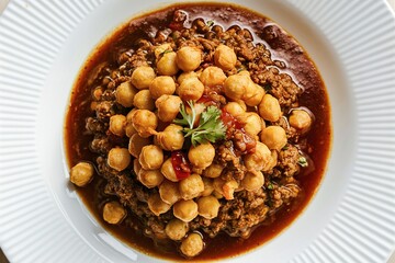 colorful plate of Fried chickpeas with ground meat and a savory sauce