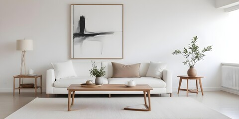 A minimalist living room with a white sofa, a wooden coffee table, and a white wall with framed artwork.