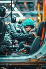 Wall Mural - Industrial Engineer Installing Car Seats in a High-Tech Factory Assembly Line for Automotive Manufacturing