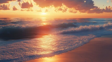 Poster - Golden Hour Beachscape: Serene sunset over ocean waves gently lapping the shore. Warm golden light paints the sky and sand, creating a tranquil and breathtaking scene. 