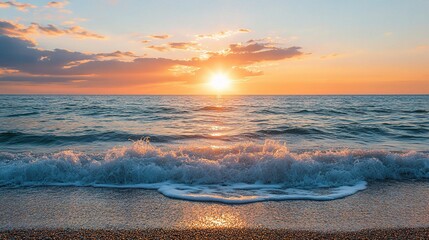 Poster - Serene Sunset Seascape: A breathtaking view of the sun setting over the ocean, casting a warm glow on the gentle waves crashing on the sandy shore.  