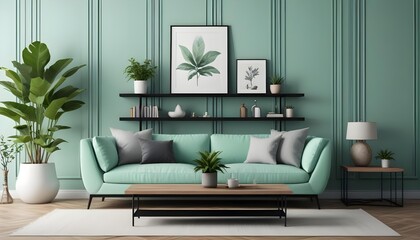 A modern living room with a mint green sofa, black shelves displaying artwork and plants, and a wooden coffee table.