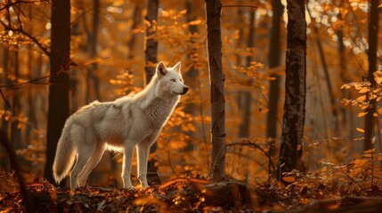 Wall Mural - White Wolf in Autumn Forest