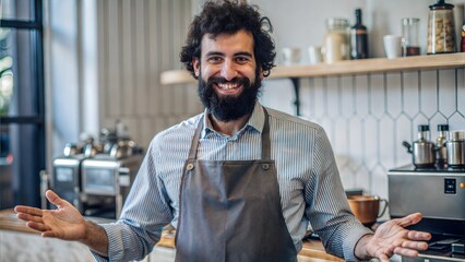 Canvas Print -  cheerful barista cheerful dark haired bearded bar.