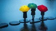 © Timeless Touch - Three people holding traffic light-colored umbrellas while standing on stepping stones in a Netherlands lake.