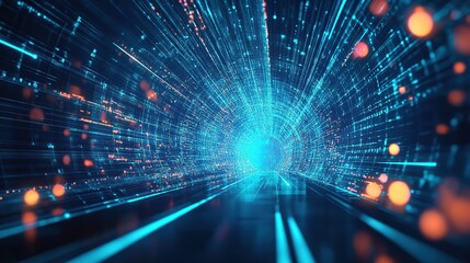Abstract digital tunnel with glowing blue lines and bokeh lights,background image