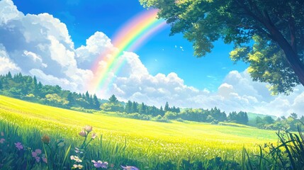 Poster - A serene, colorful landscape featuring a vivid rainbow stretching over lush fields, creating a magical and uplifting natural scene.