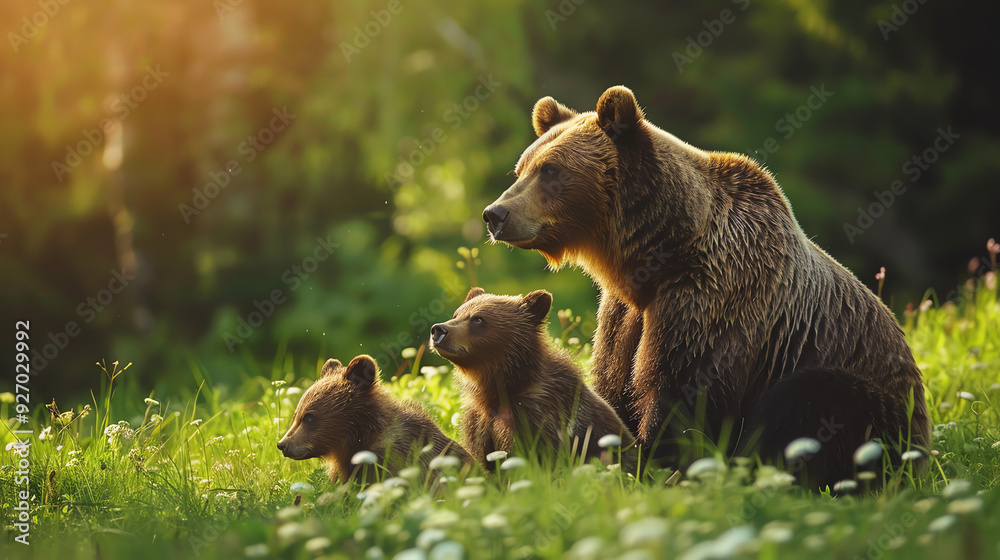 brown bear and its cub in a field of flowers Stock Illustration | Adobe ...