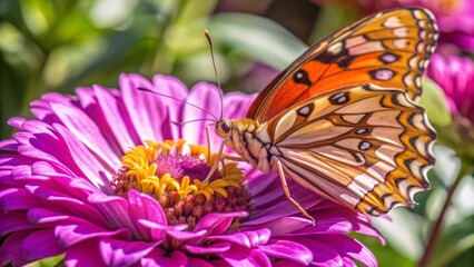 Wall Mural - A colorful butterfly with orange, black, and white wings rests on a vibrant pink flower with yellow pollen, symbolizing nature, beauty, tranquility, life cycle, and delicate pollination.